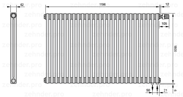 Схема (чертеж) Радиатор Zehnder Charleston 2180/26 №V002 Technoline TL